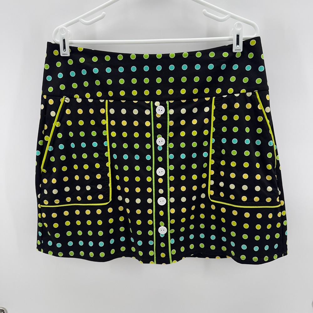 Kinona Simply Sassy Polka Dot Golf Skort Women L Black/Green Teal Italian Fabric